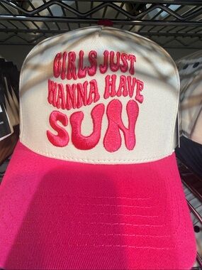 Girls Just Wanna Have Sun Beige & Hot Pink Trucker Hat
